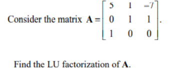 Solved -7 5 1 Consider the matrix A= 0 1 10 0 Find the LU | Chegg.com
