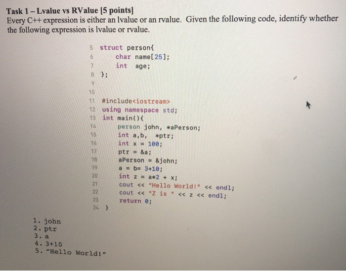 Solved Task 1-lvalue vs RValue [5 points] Every C++ | Chegg.com