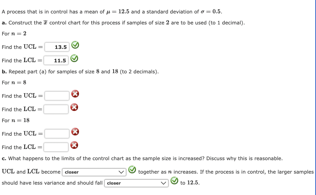 Solved A process that is in control has a mean of μ=12.5 and | Chegg.com