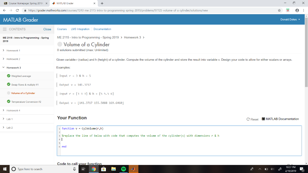 Course Homepage Spring 2019 MATLAB Grader ← → 을