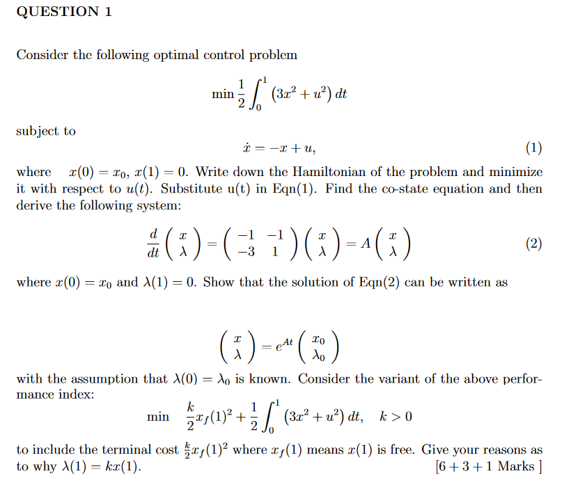 QUESTION 1 Consider the following optimal control | Chegg.com