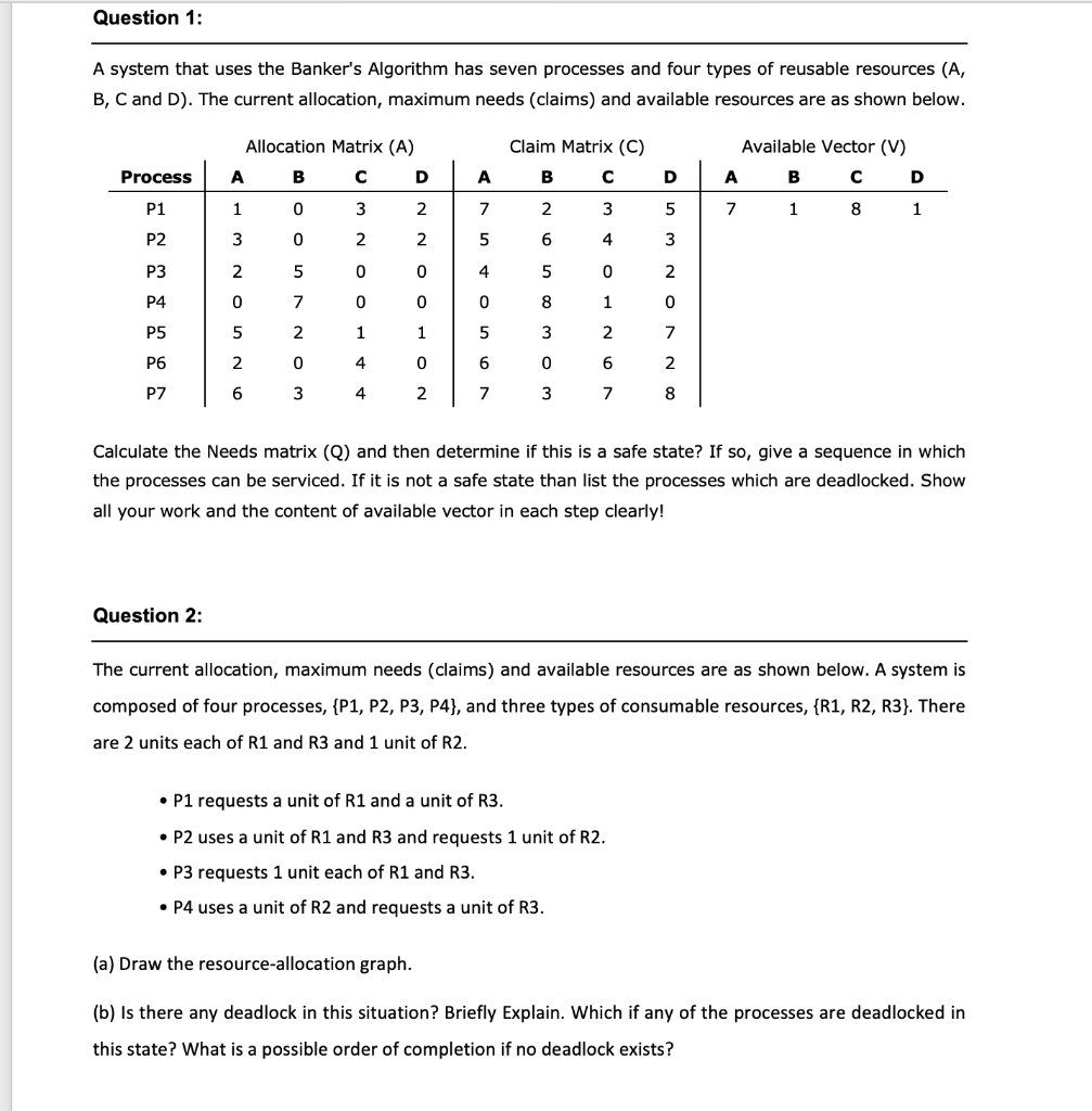 Solved Question 1: A System That Uses The Banker's Algorithm | Chegg.com