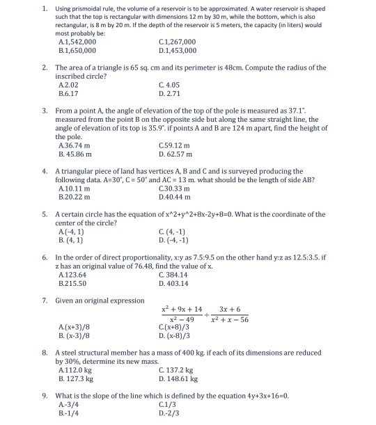 Solved 1. Using prismoidal rule, the volume of a reservoir | Chegg.com