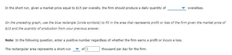 In the short run, given a market price equal to \( \$ 15 \) per overalls, the firm should produce a daily quantity of overall