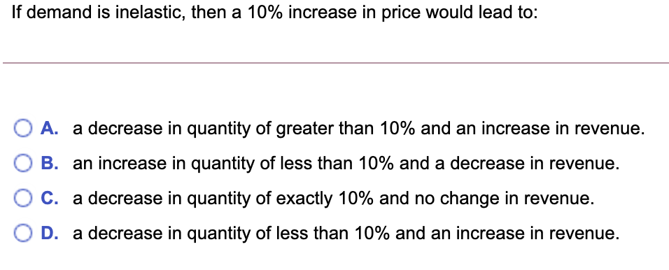 Solved If demand is inelastic, then a 10% increase in price | Chegg.com