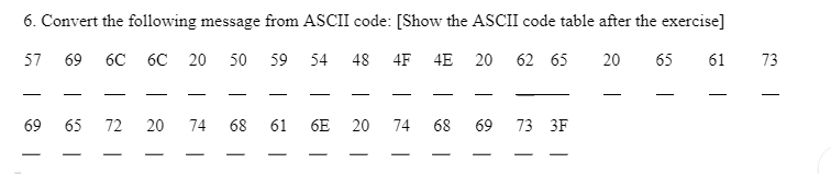 6. Convert the following message from ASCII code: [Show the ASCII code table after the exercise]