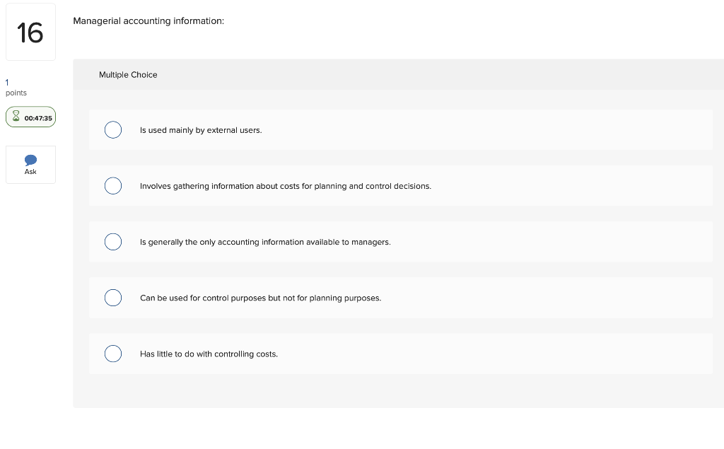 Solved 16 1 points 00:47:35 Ask Managerial accounting | Chegg.com