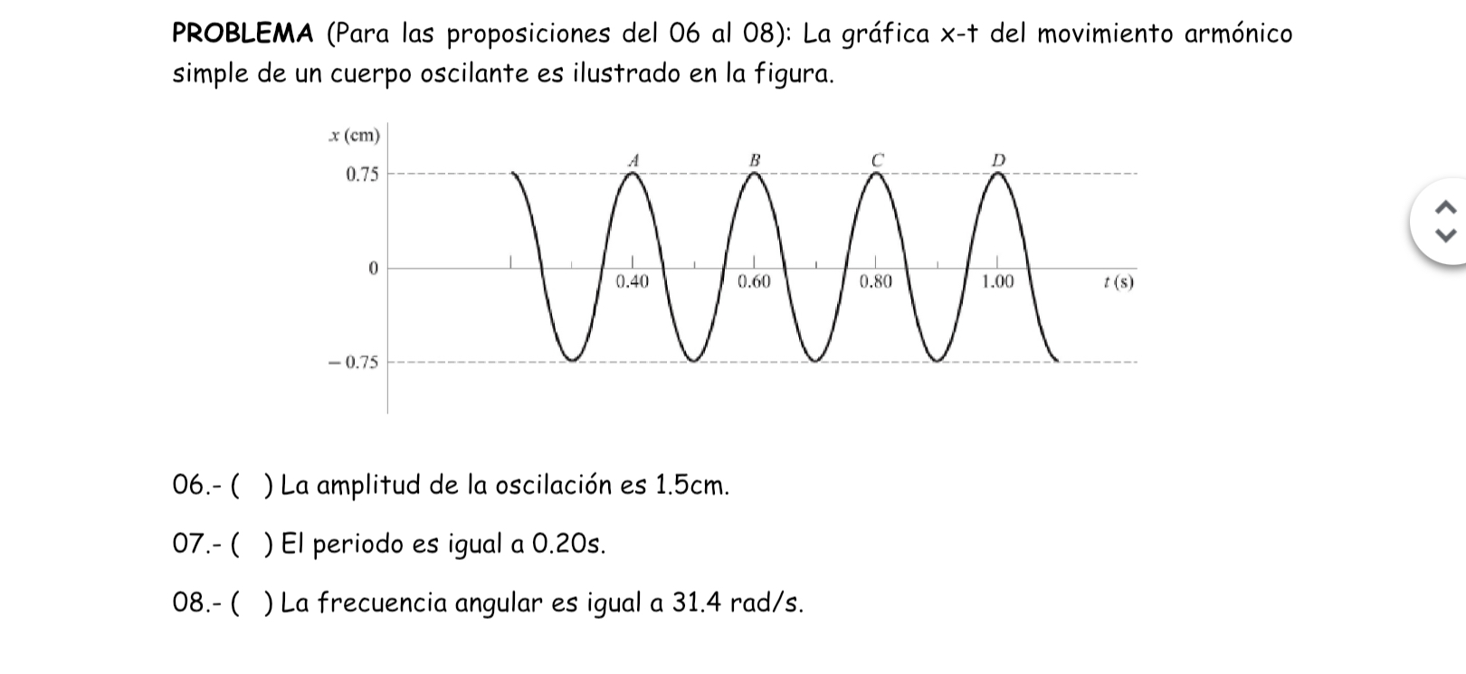 PROBLEMA (Para las proposiciones del 06 al 08): La gráfica \( x-\dagger \) del movimiento armónica simple de un cuerpo oscila