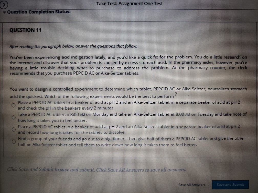 Solved Take Test: Assignment One Test Question Completion | Chegg.com