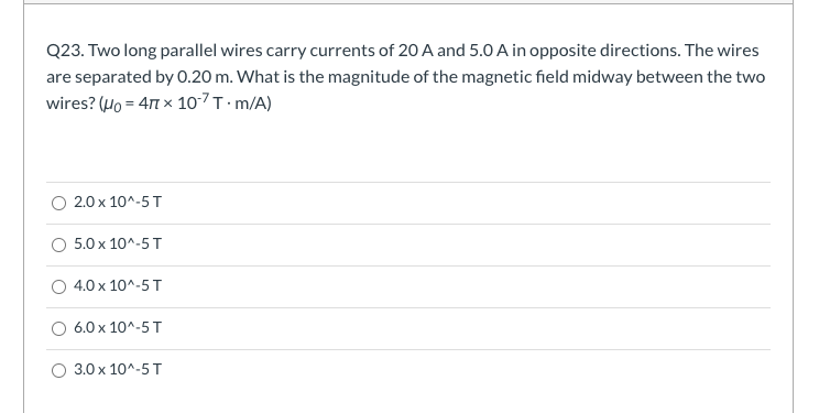 Solved Q23. Two long parallel wires carry currents of 20 A | Chegg.com