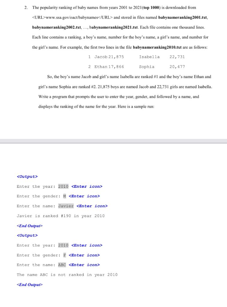 Solved 2 The Popularity Ranking Of Baby Names From Years Chegg