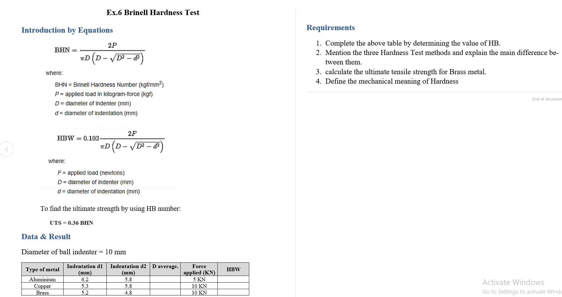Solved Ex.6 Brinell Hardness Test Introduction by Equations