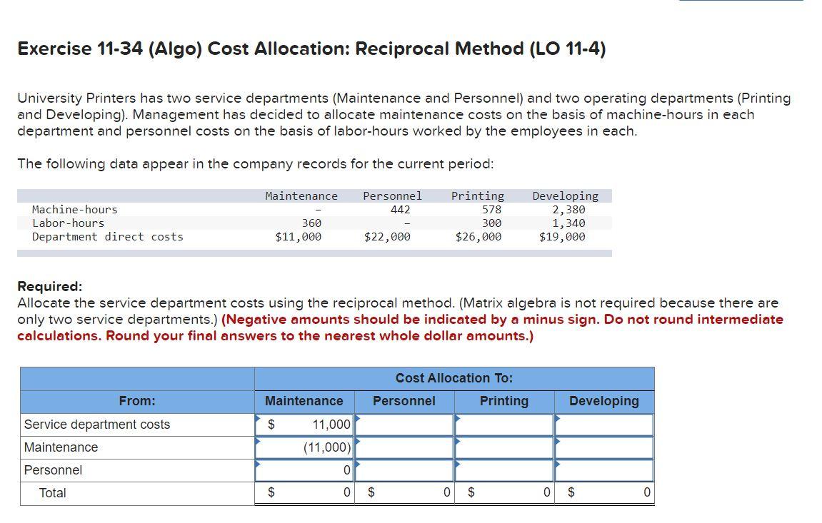 Solved Exercise 1134 (Algo) Cost Allocation Reciprocal