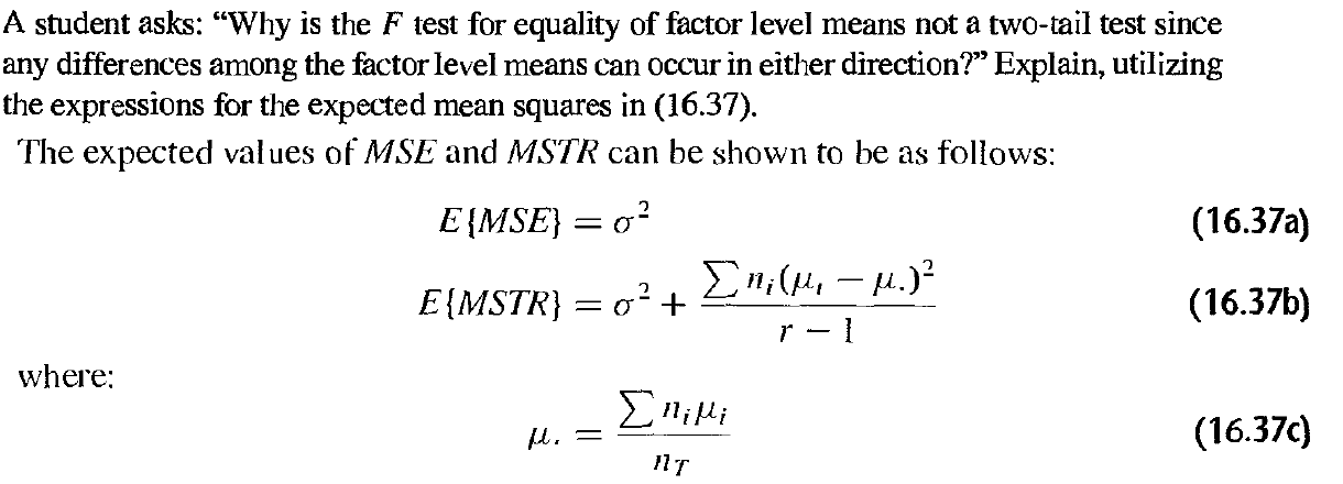 Solved A student asks: “Why is the F test for equality of | Chegg.com