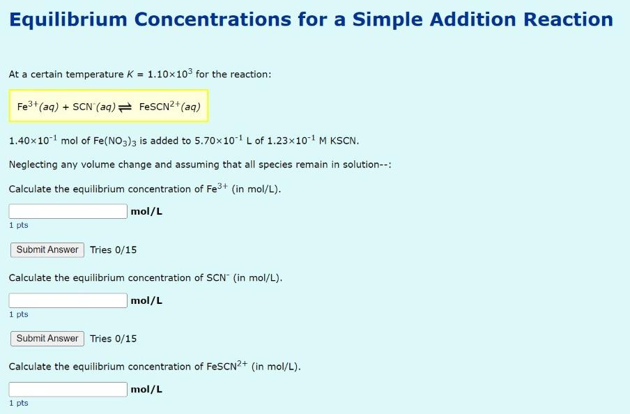 Solved Equilibrium Concentrations for a Simple Addition | Chegg.com