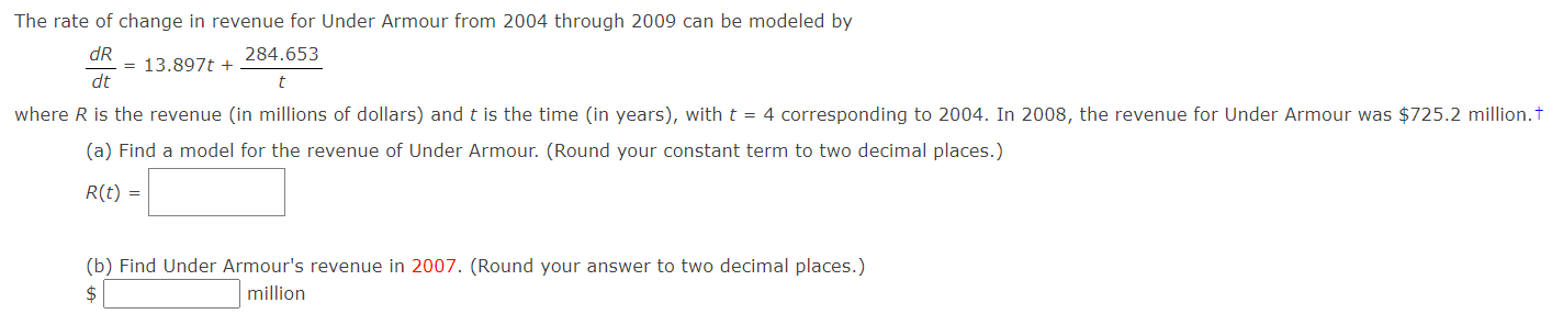 Solved The rate of change in revenue for Under Armour from | Chegg.com