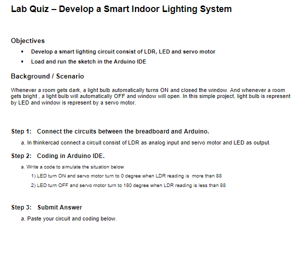 Solved Lab Quiz - Develop A Smart Indoor Lighting System | Chegg.com