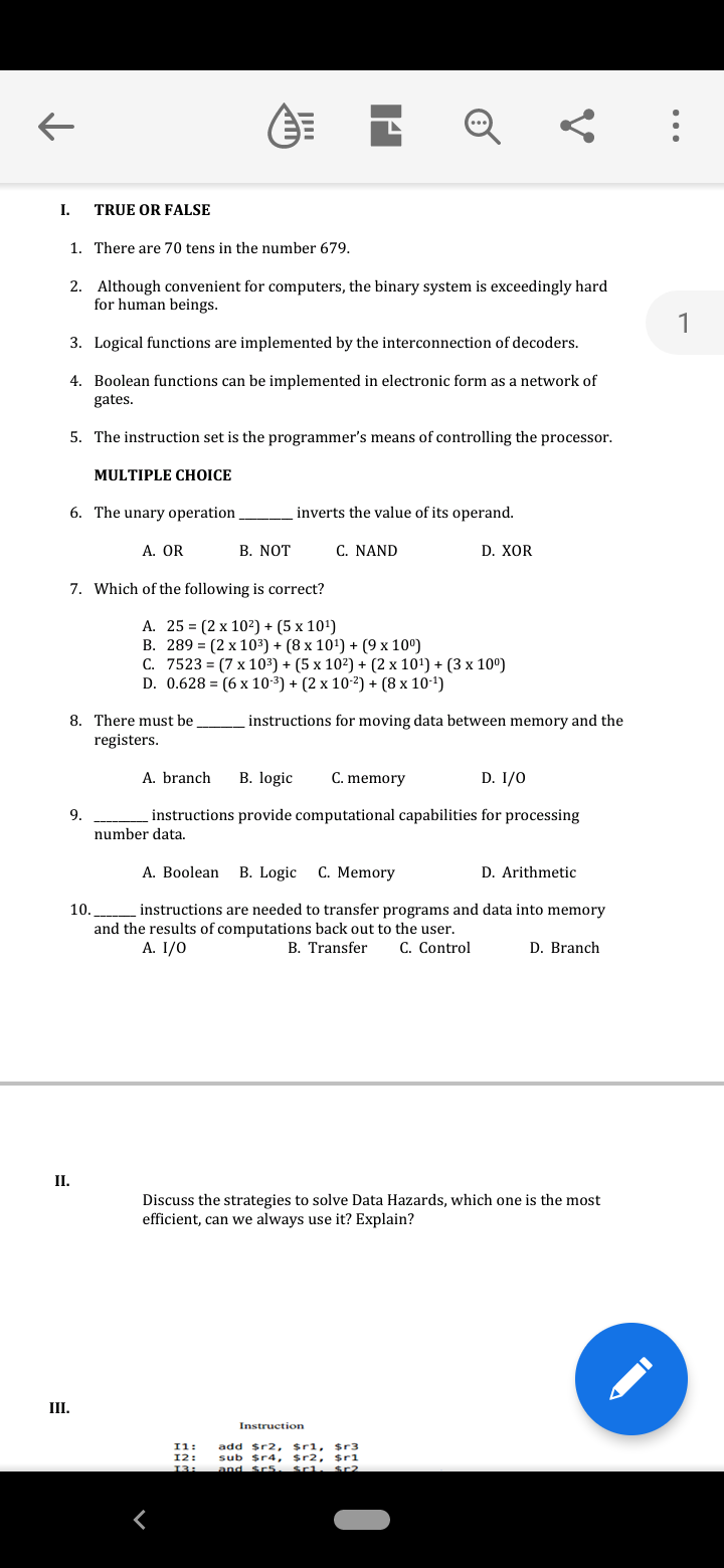 Solved INI Q &lt; : I. TRUE OR FALSE 1. There are 70 tens in | Chegg.com