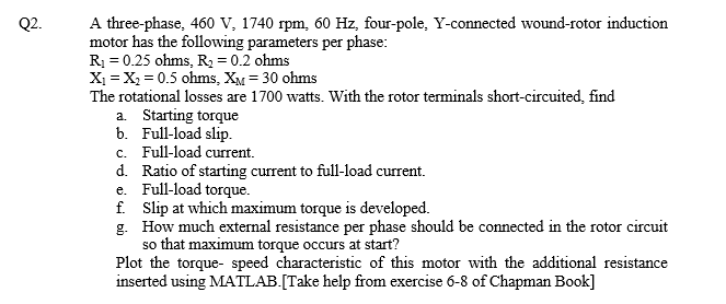 Solved Q2. A three-phase, 460 V, 1740 rpm, 60 Hz, four-pole, | Chegg.com