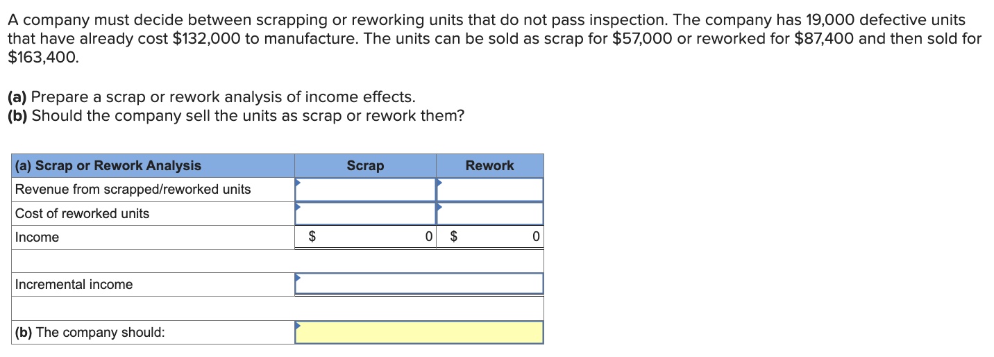 Solved A company must decide between scrapping or reworking | Chegg.com