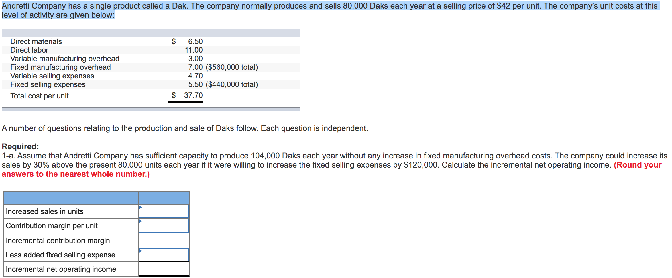 Solved Andretti Company has a single product called a Dak.