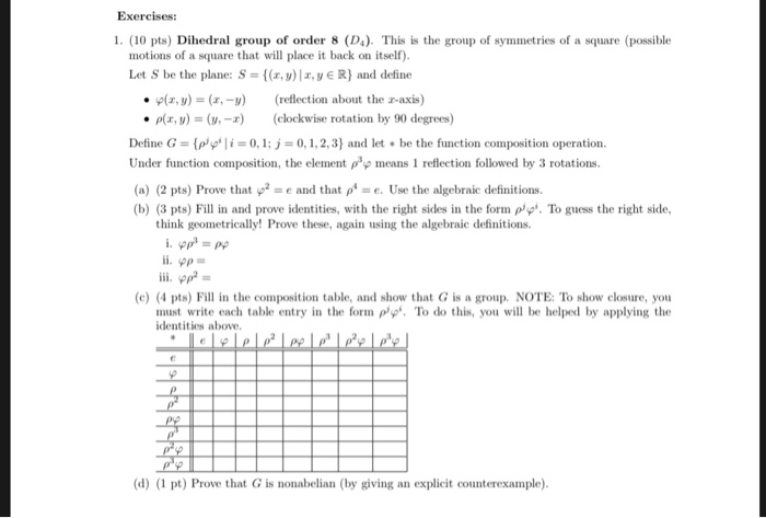 Solved Exercises: 1. (10 Pts) Dihedral Group Of Order 8 (D4) | Chegg.com