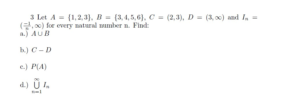 Solved 3 Let A = {1,2,3}, B = {3,4,5,6}, C = (2,3), D = | Chegg.com