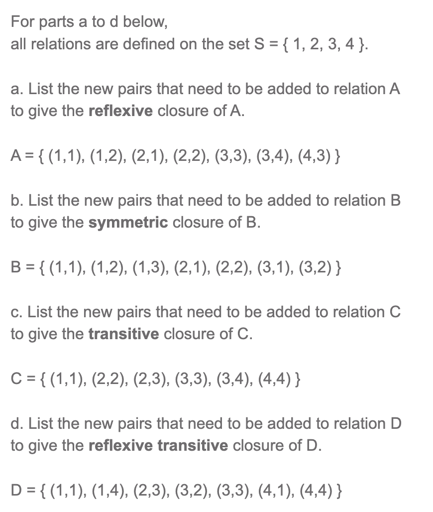 Solved For parts a to d below, all relations are defined on | Chegg.com