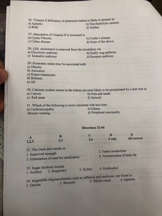 Solved 26. Vitamin E deficiency in premature babies is