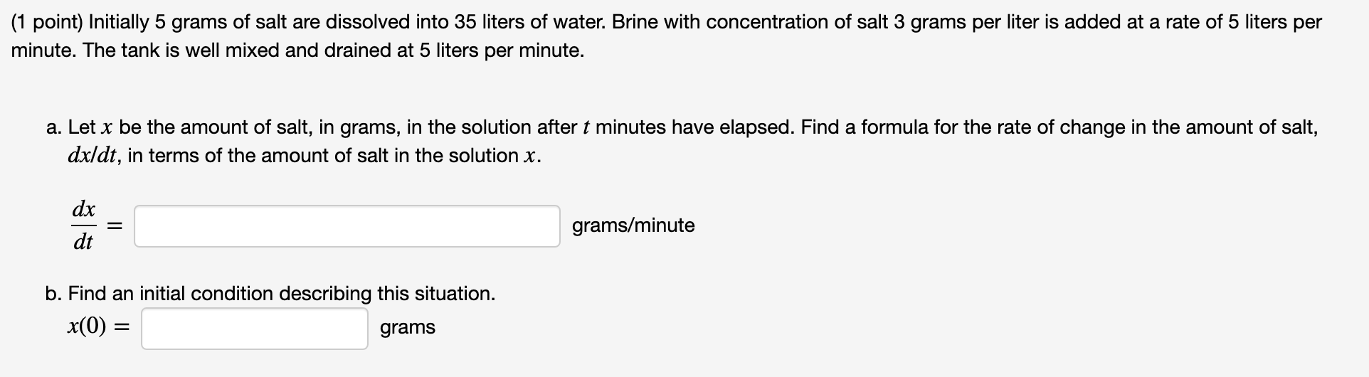Solved (1 point) Initially 5 grams of salt are dissolved | Chegg.com