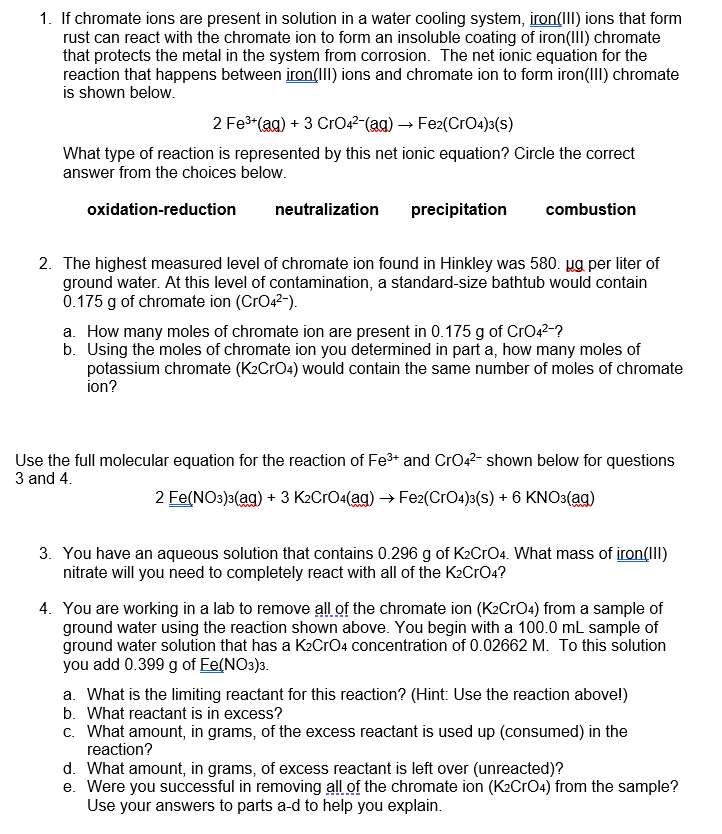 Solved 1. If chromate ions are present in solution in a | Chegg.com