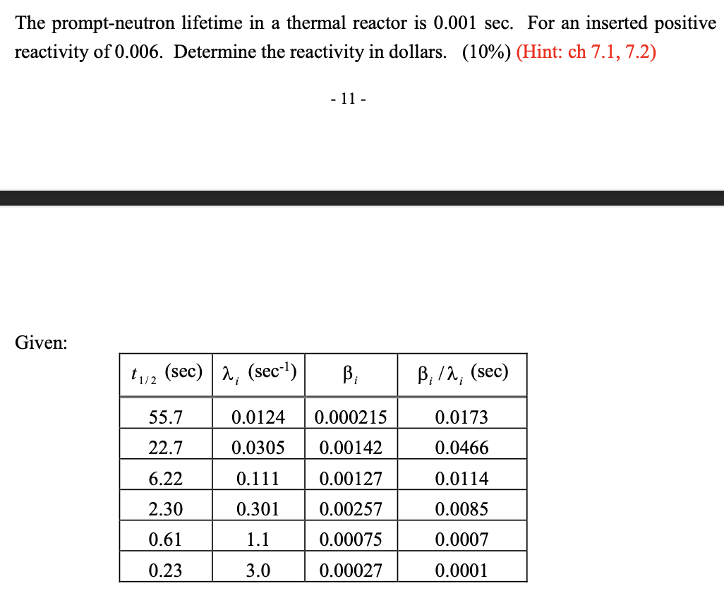 The prompt-neutron lifetime in a thermal reactor is \( 0.001 \mathrm{sec} \). For an inserted positive reactivity of \( 0.006