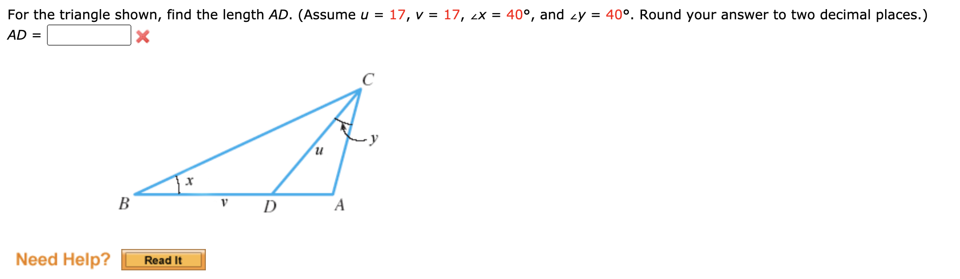 Solved For the triangle shown, find the length AD. (Assume u | Chegg.com