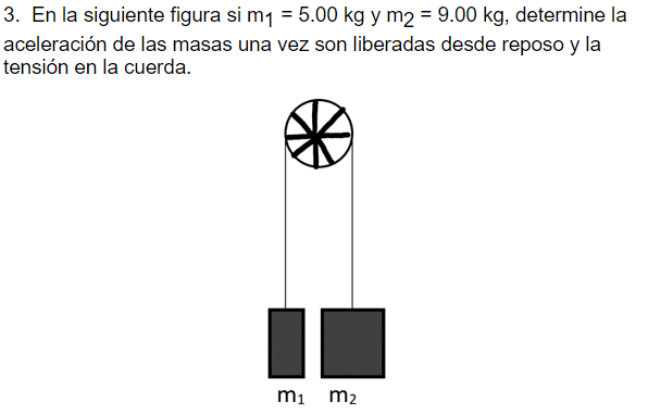 3. En la siguiente figura si \( \mathrm{m}_{1}=5.00 \mathrm{~kg} \mathrm{y} \mathrm{m}_{2}=9.00 \mathrm{~kg} \), determine la