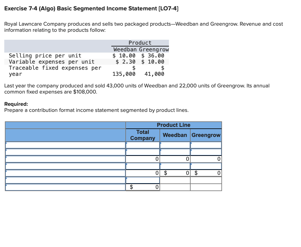 Solved Exercise 7-4 (Algo) Basic Segmented Income Statement | Chegg.com