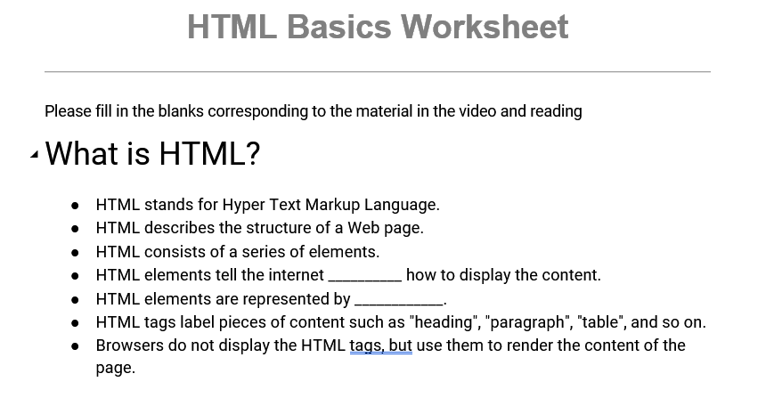 Solved HTML Basics Worksheet Please Fill In The Blanks | Chegg.com