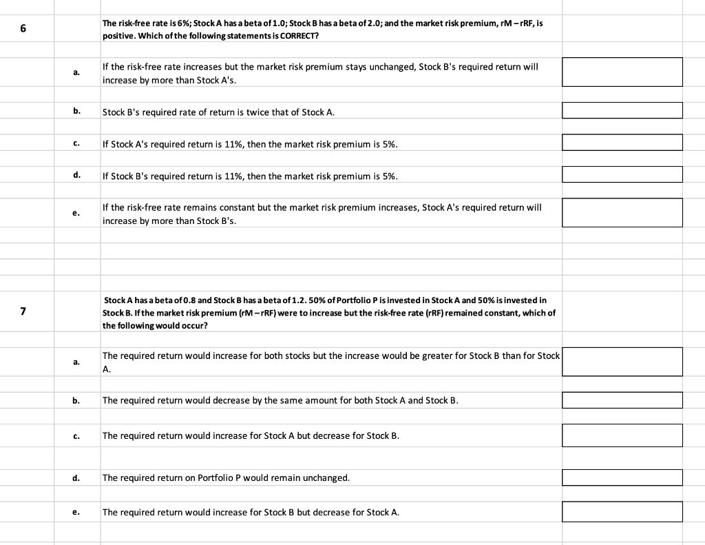 Solved 6 The riskfree rate is 6; Stock A has a beta of