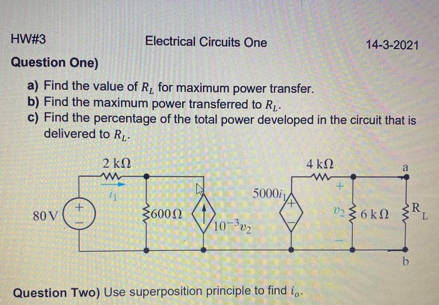 Solved HW#3 Electrical Circuits One 14-3-2021 Question One) | Chegg.com