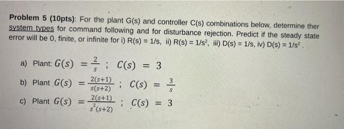 Solved Problem 5 (10pts): For the plant G(s) and controller | Chegg.com