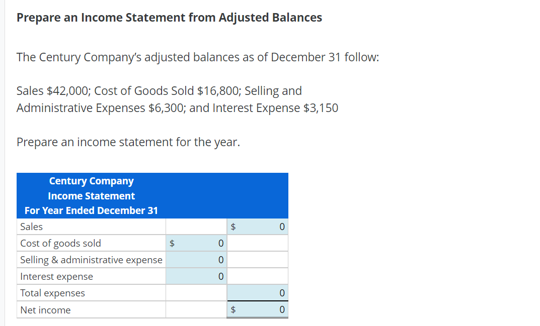 Solved Prepare an Income Statement from Adjusted Balances | Chegg.com