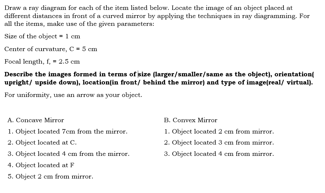 Solved Draw a ray diagram for each of the item listed below. | Chegg.com