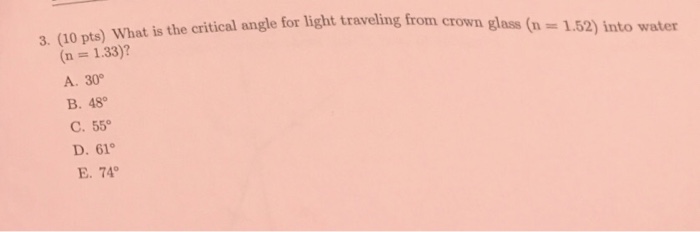 Solved: What Is The Critical Angle For Light Traveling Fro... | Chegg.com