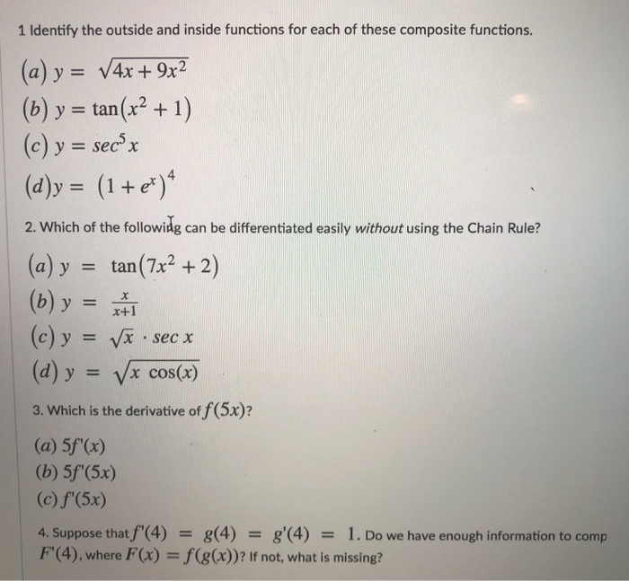 Solved 1 Identify the outside and inside functions for each | Chegg.com