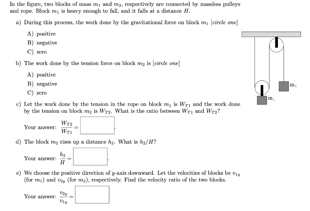 In the figure, two blocks of mass \( m_{1} \) and \( m_{2} \), respectively are connected by massless pulleys and rope. Block