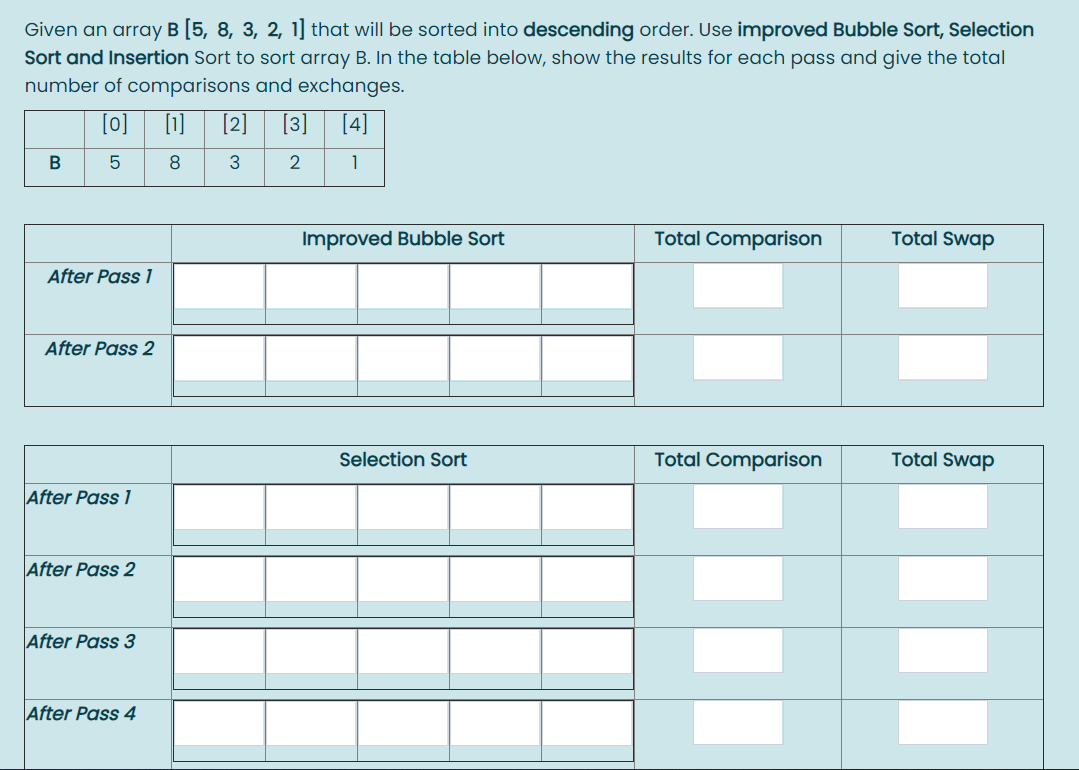 Solved Given an array B [5, 8, 3, 2, 1] that will be sorted | Chegg.com