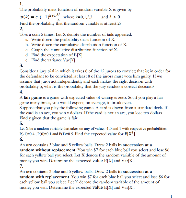 Solved 1. The probability mass function of random variable X | Chegg.com