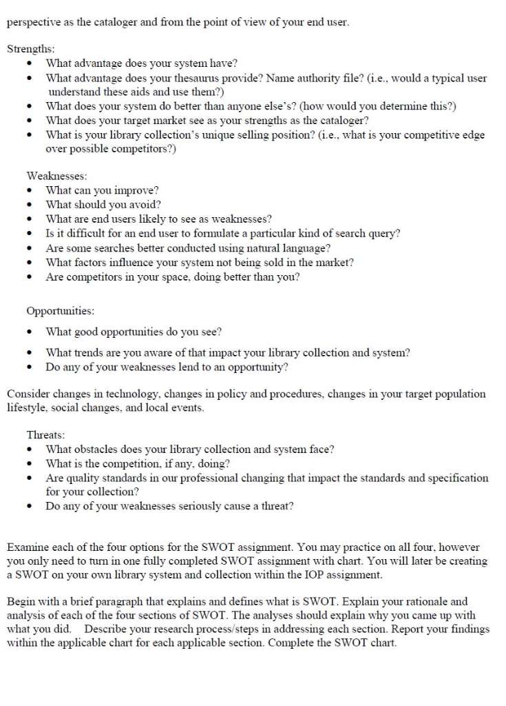 Library Swot Solved . SWOT Analysis for ABC College Library Ornithology | Chegg.com