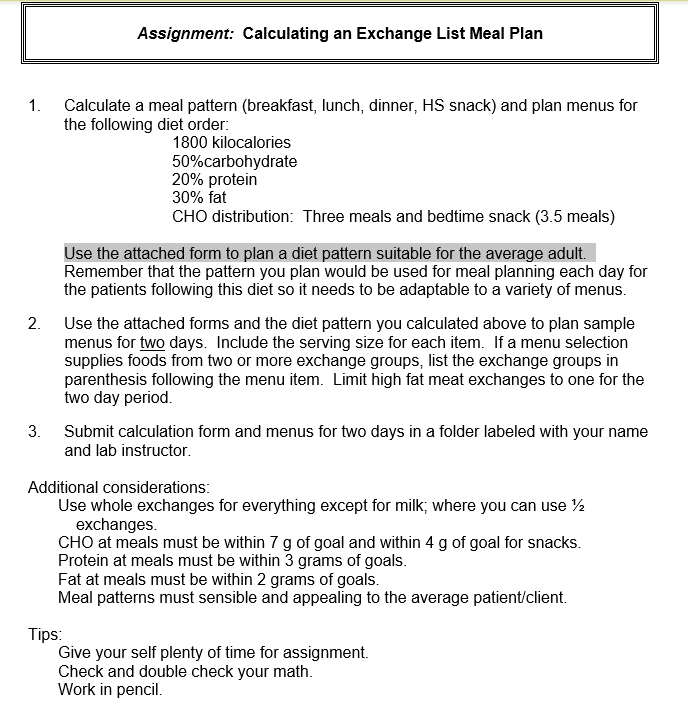 Assignment Calculating an Exchange List Meal Plan 1.