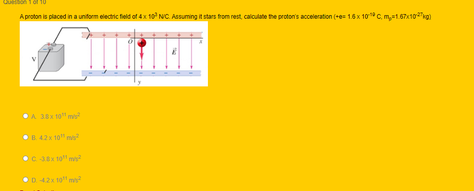 Solved Question 1 of 10 A proton is placed in a uniform | Chegg.com