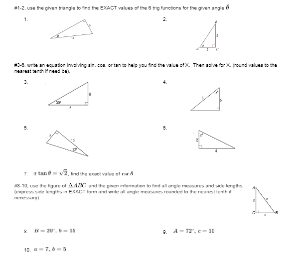 Solved #1−2, use the given triangle to find the EXACT values | Chegg.com